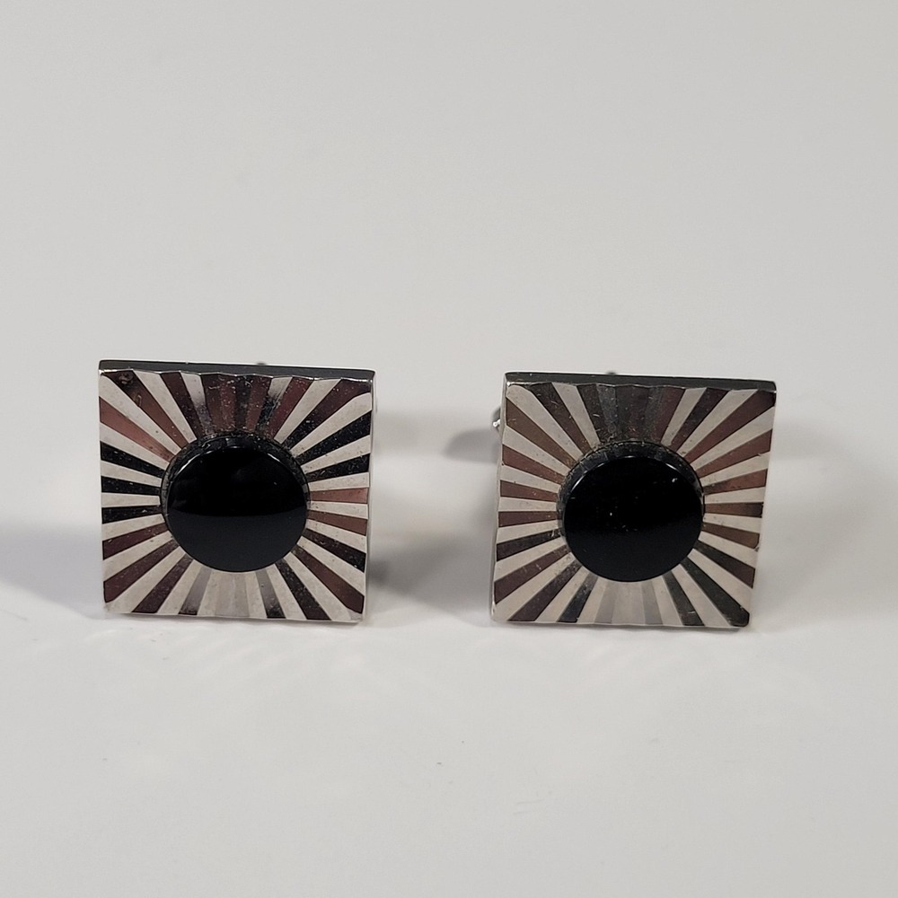 Vintage Swank Cufflinks‎ Mens Silver Tone Black Stone Sunburst Square Design
